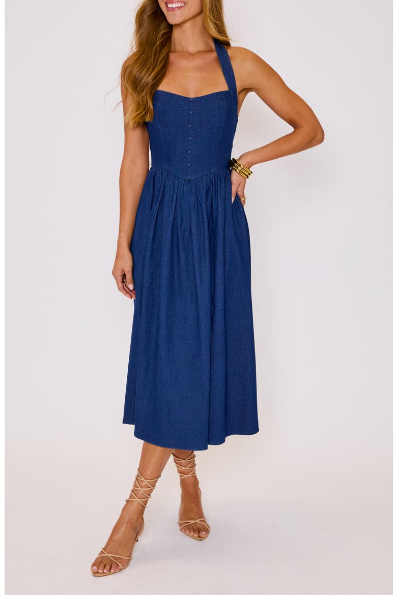 Kylie Denim Halter Midi Dress, Main, color, DARK WASH