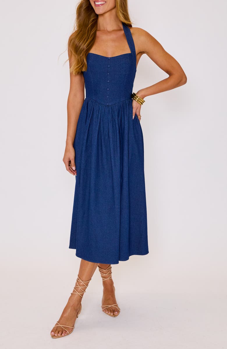 VICI Collection Kylie Denim Halter Midi Dress, Main, color, Dark Wash