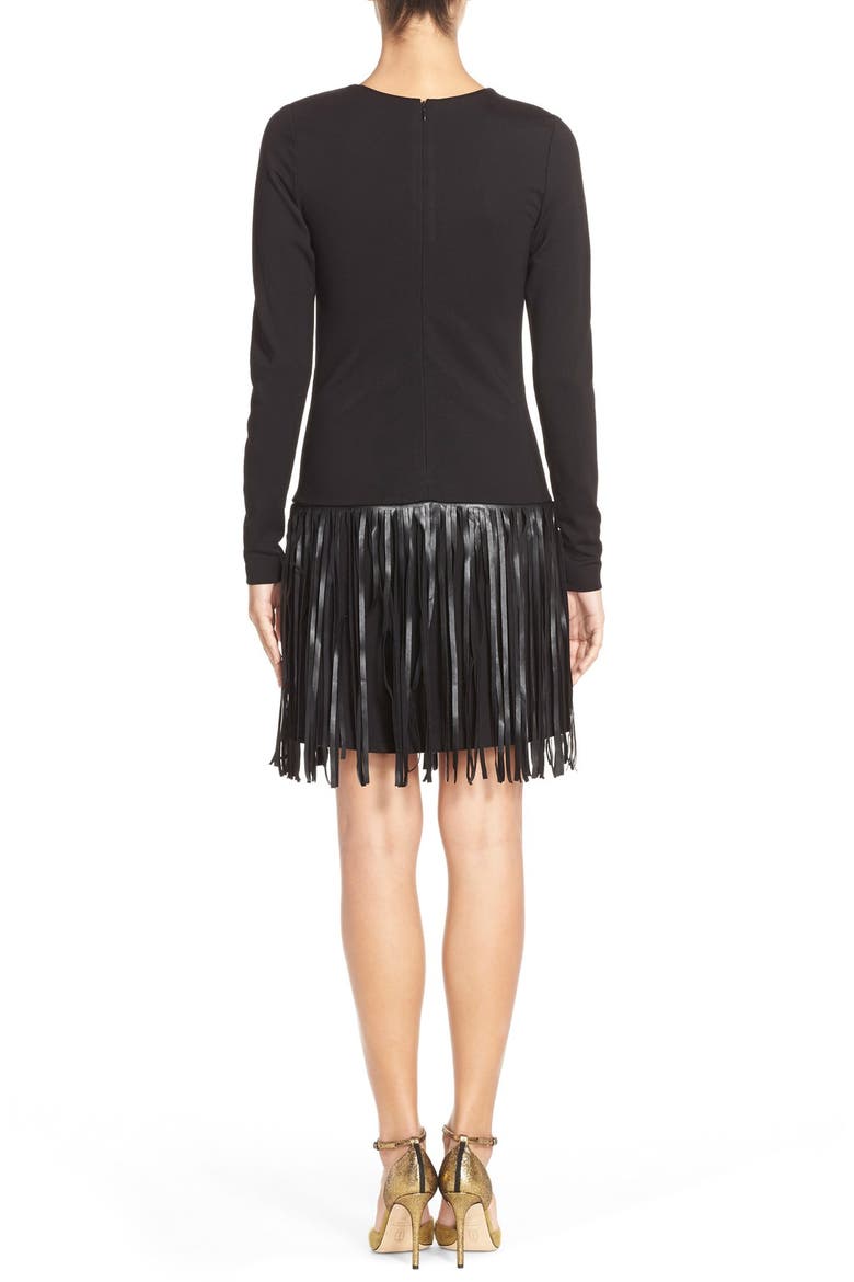 'Colt' Faux Leather Fringe Ponte Drop-Waist Dress, Alternate, color, BLACK