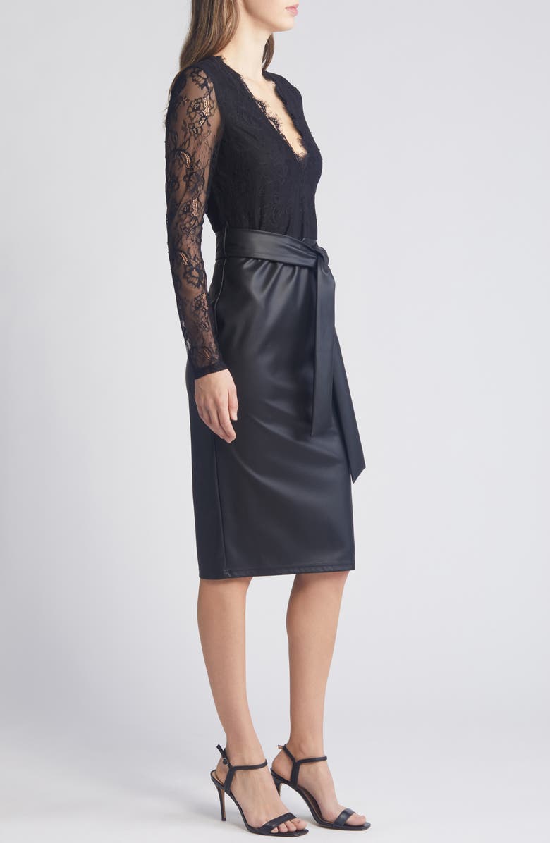 bebe Mixed Media Long Sleeve Lace & Faux Leather Dress, Alternate, color,