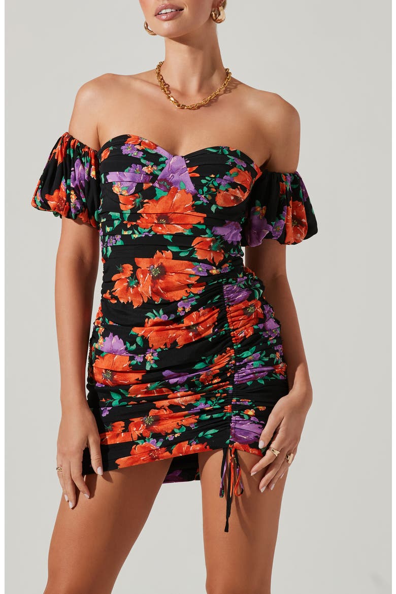 Floral Ruched Off the Shoulder Minidress, Alternate, color, BLACK RED FLORAL
