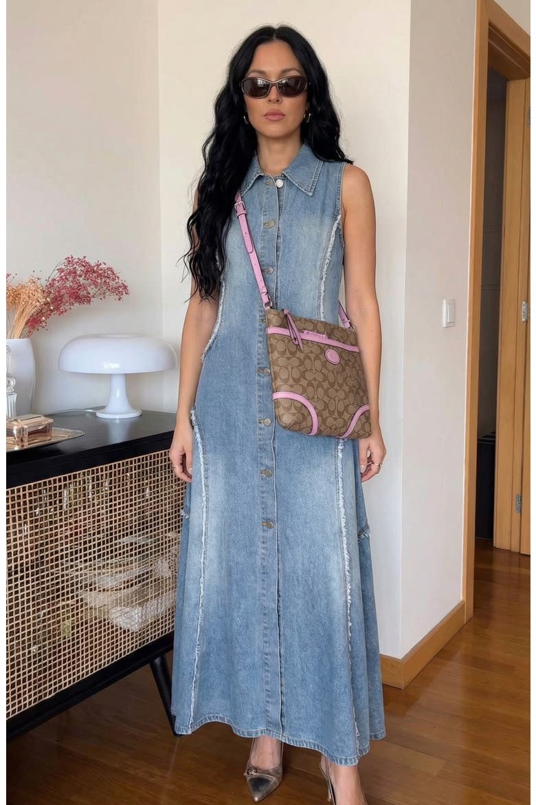 Sleeveless Denim Button Front Midi Dress, Alternate, color, Light Blue Wash