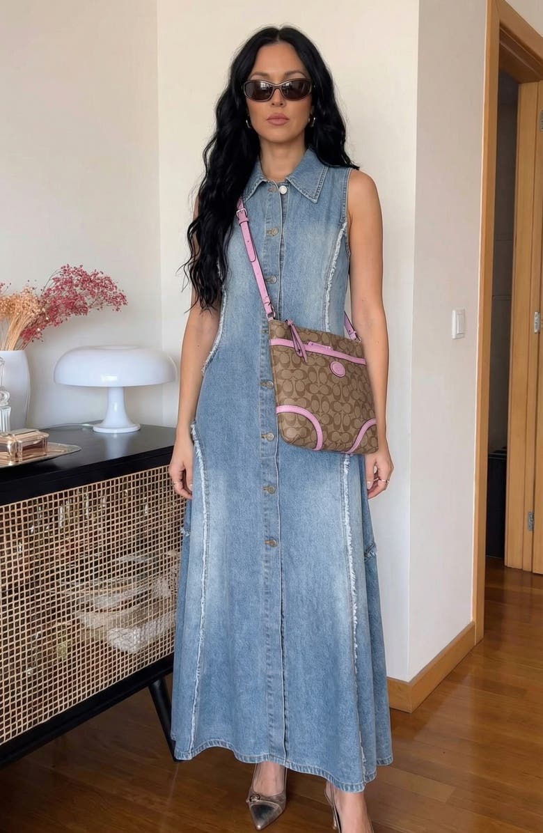 Modenaire Sleeveless Denim Button Front Midi Dress, Alternate, color, Light Blue Wash