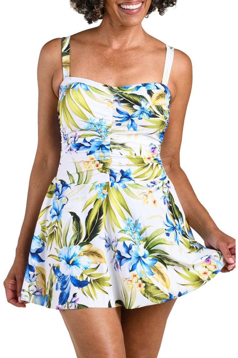 Serenity Shirred Bandeau Swimdress, Main, color, WHITE
