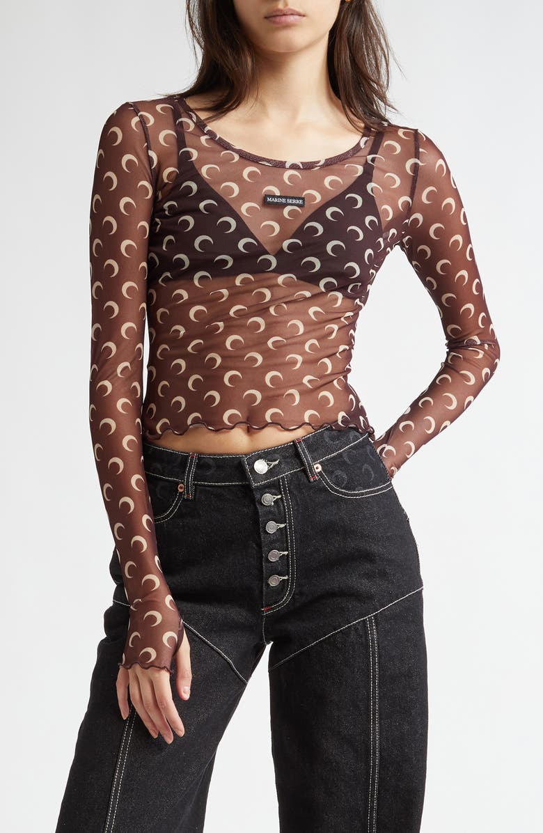 Marine Serre Second Skin Moon Print Long Sleeve Sheer Mesh Crop Top, Main, color,