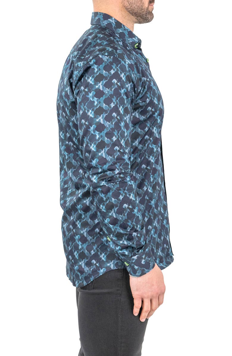 Maceoo Fibonacci Watermarks Navy Contemporary Fit Button-Up Shirt, Alternate, color, Blue