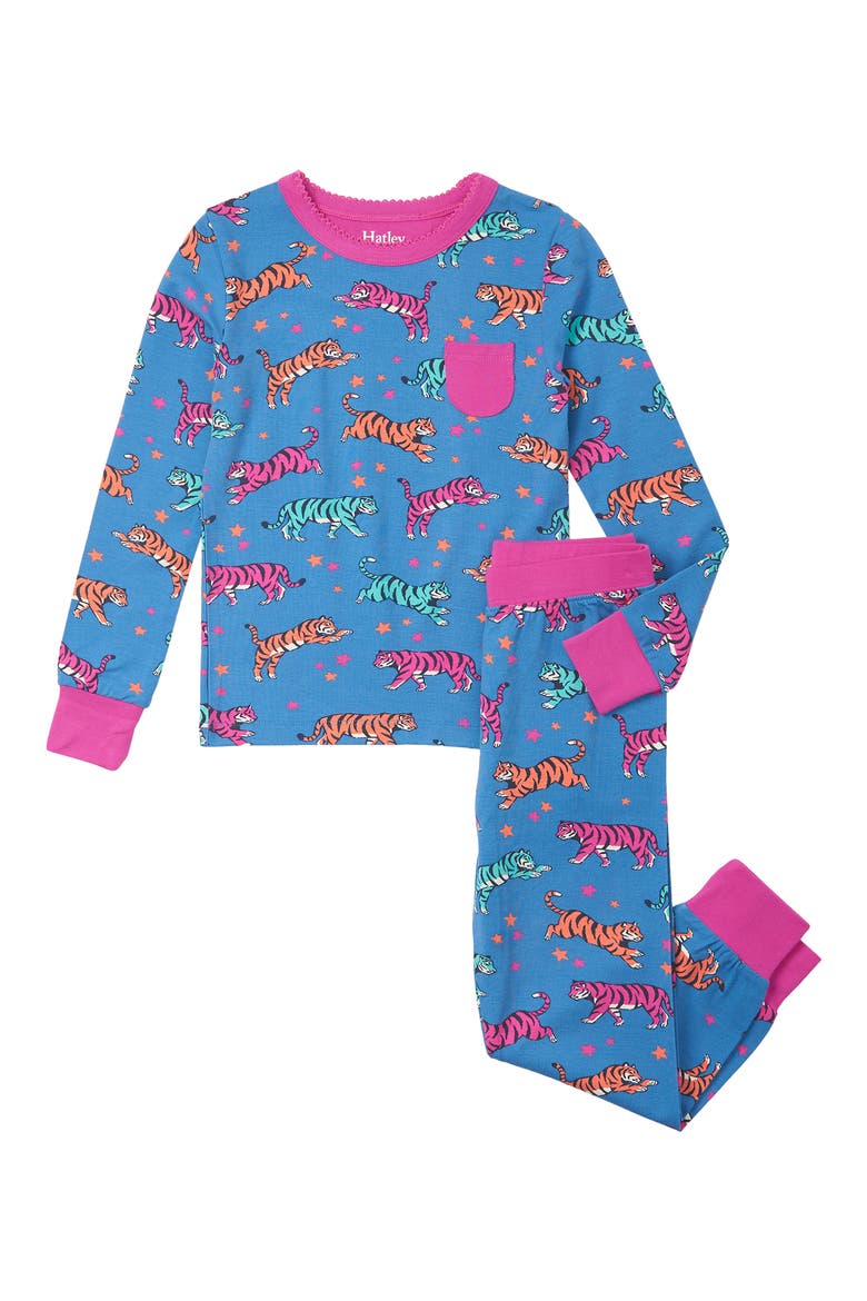 Kids' Celestial Tiger Print Fitted Two-Piece Pajamas, Main, color, STAR SAPPHIRE