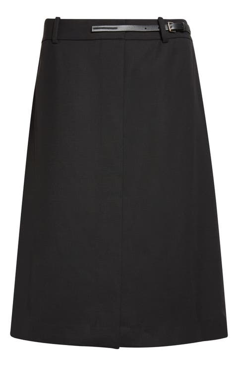 Belted Wool Gabardine Midi Skirt
