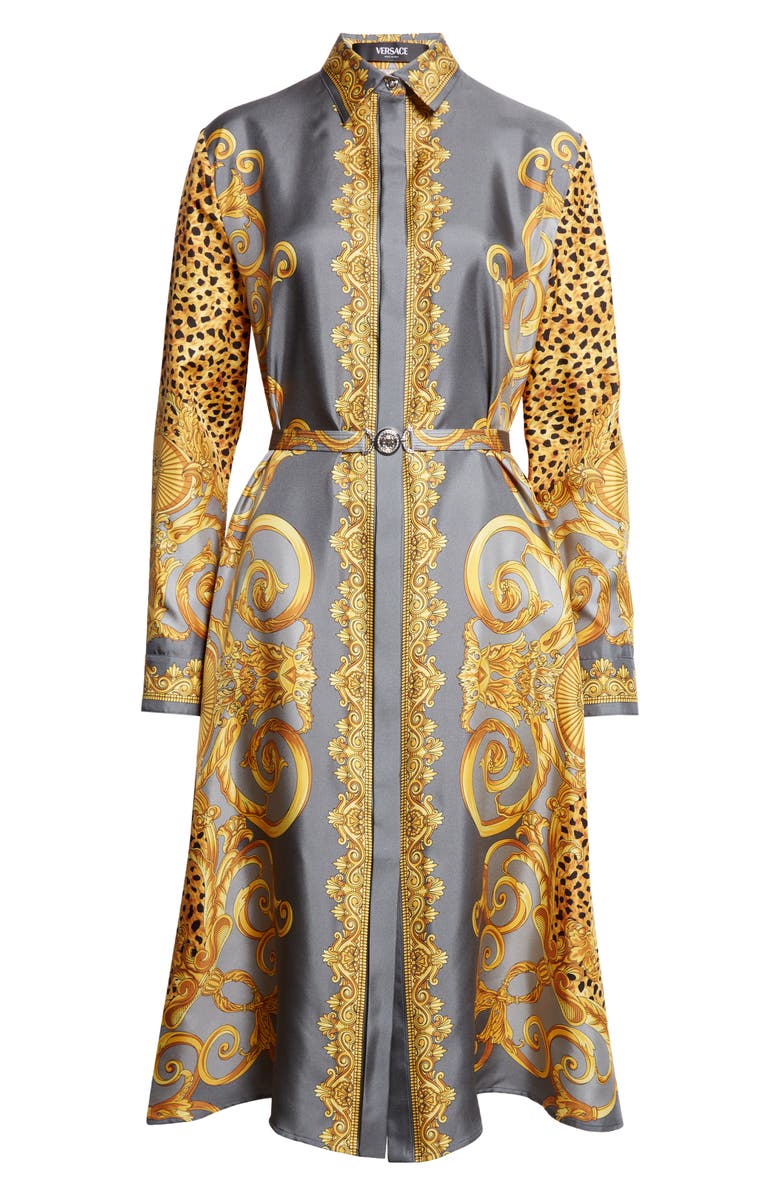 Versace Cheetah Barocco Print Long Sleeve Silk Belted Shirtdress, Alternate, color, Light Grey Elephant Grey
