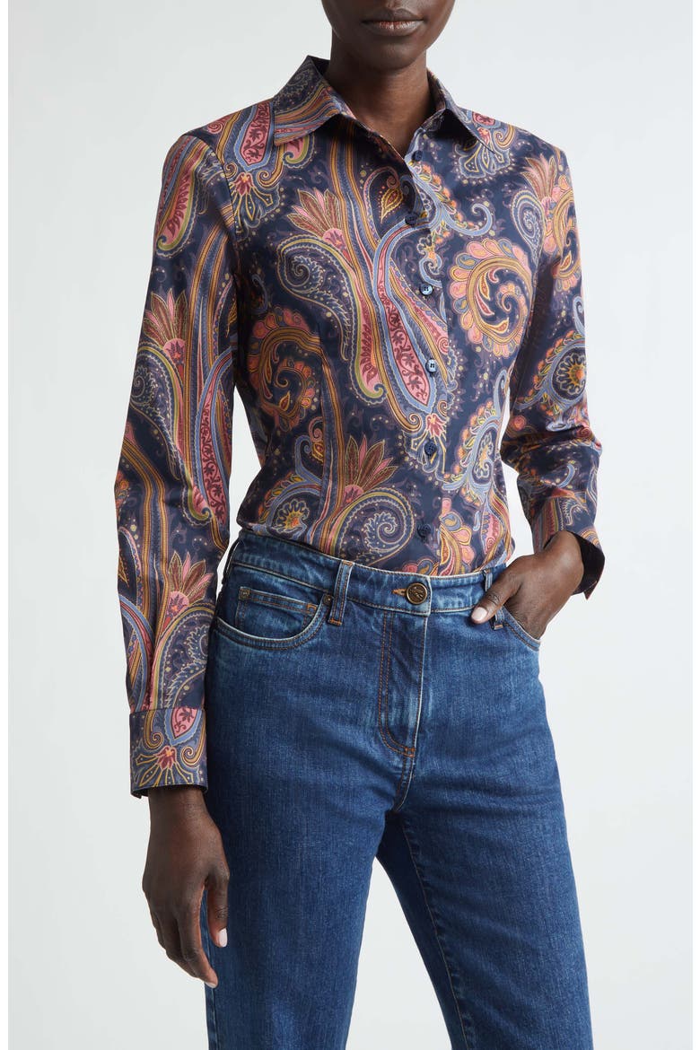 Paisley Stretch Cotton Button-Up Shirt, Main, color, PRINT ON BLUE BASE