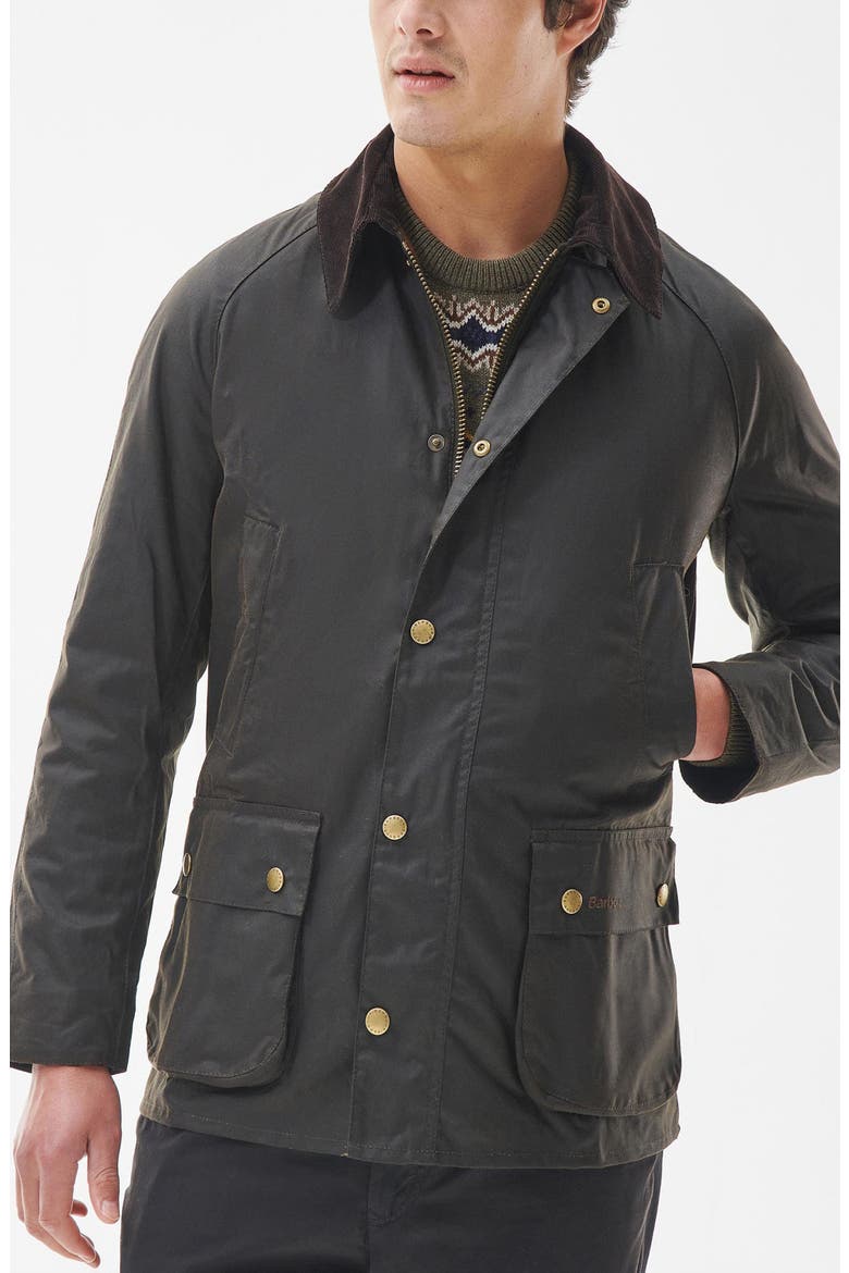 Ashby Corduroy Collar Water Resistant Waxed Cotton Jacket, Main, color, OLIVE