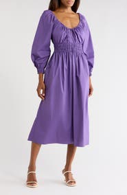 Rebecca Taylor Smocked Cotton Poplin Long Sleeve Dress