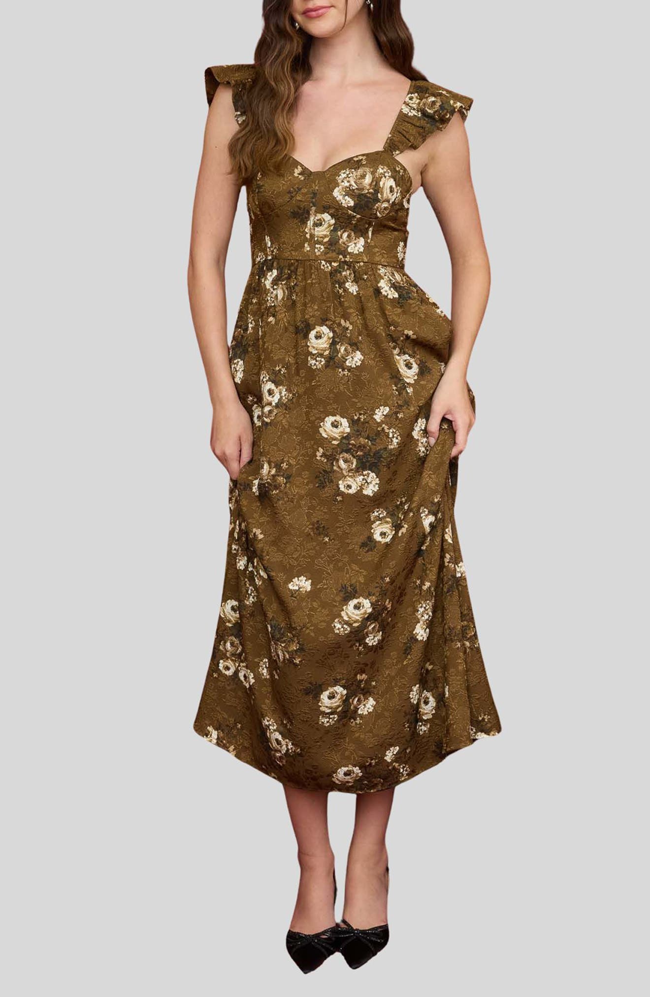 Blu Pepper Floral Jacquard Ruffle Strap A-Line Dress