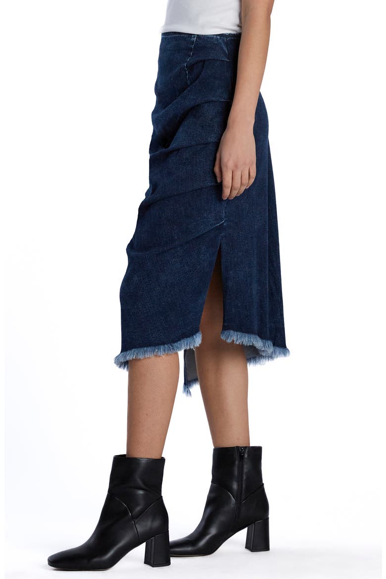 Bustle Frayed Asymmetric Denim Midi Skirt, Alternate, color, LORA BLUE