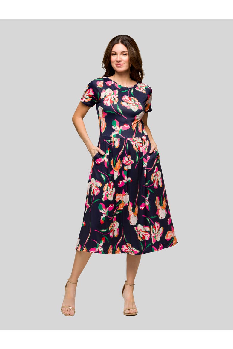 Navy Floral Short Sleeve Pleated Flare Midi Pocket Dress, Main, color, Navy Multi
