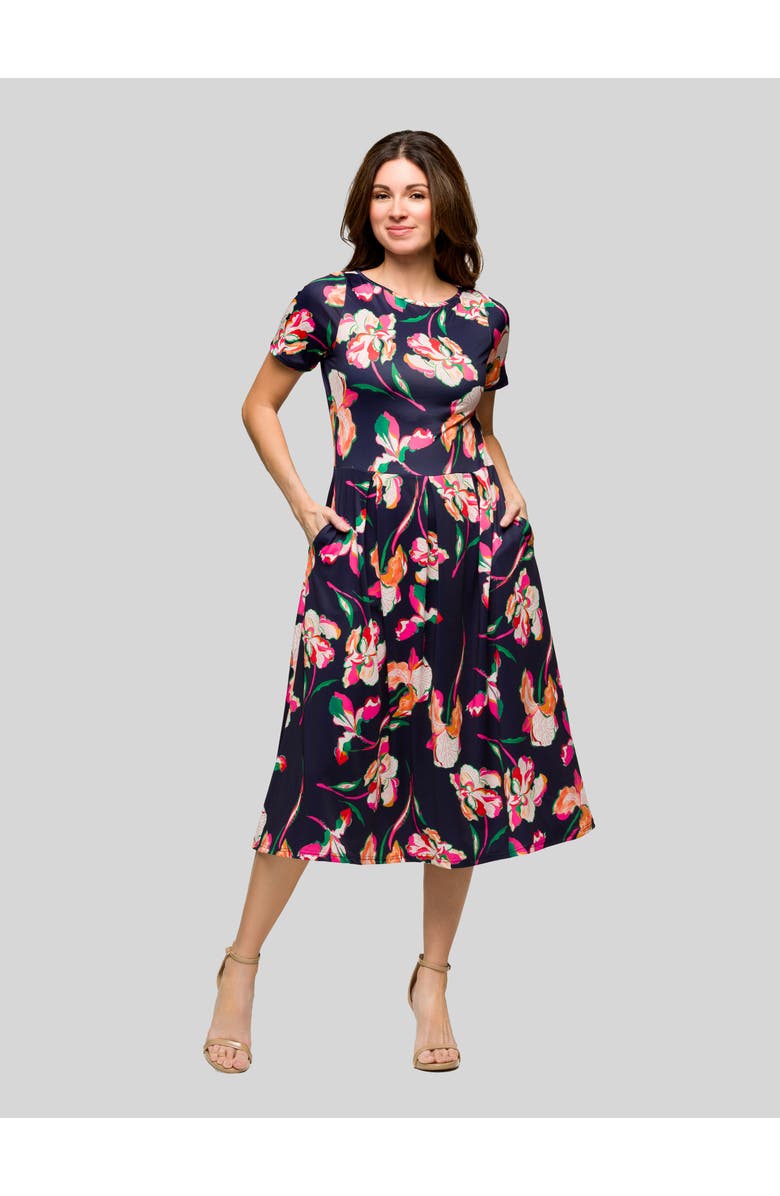 24seven Comfort Apparel Navy Floral Short Sleeve Pleated Flare Midi Pocket Dress, Main, color, Navy Multi