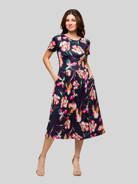 Navy Floral Short Sleeve Pleated Flare Midi Pocket Dress