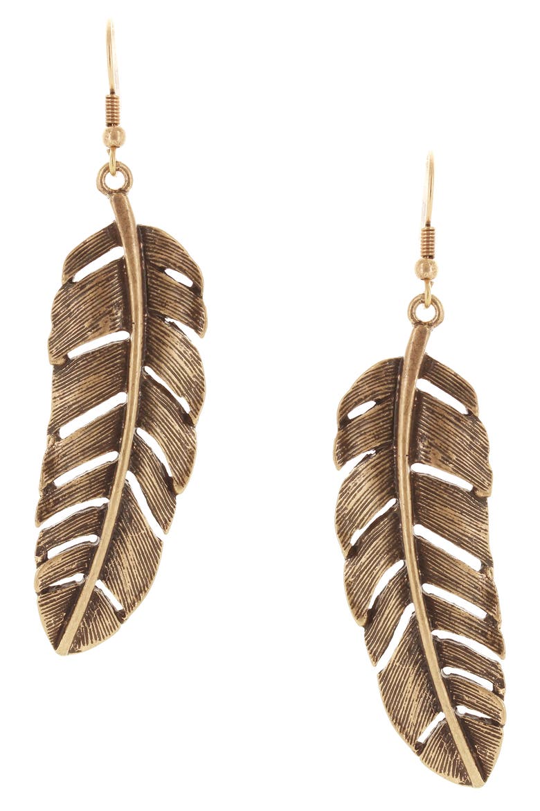 Feather Drop Earrings, Main, color, BURNISHED GOLD