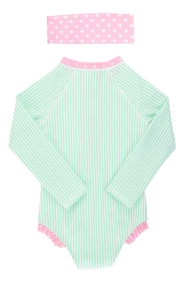 RuffleButts Seersucker One-Piece Rashguard Swimsuit 
Head Wrap Set, Alternate, color, 