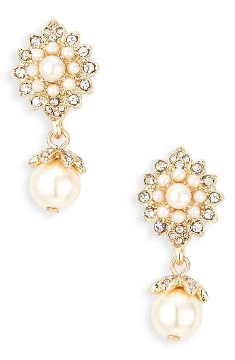 Marchesa Crystal Halo Imitation Pearl Drop Earrings, Main, color,