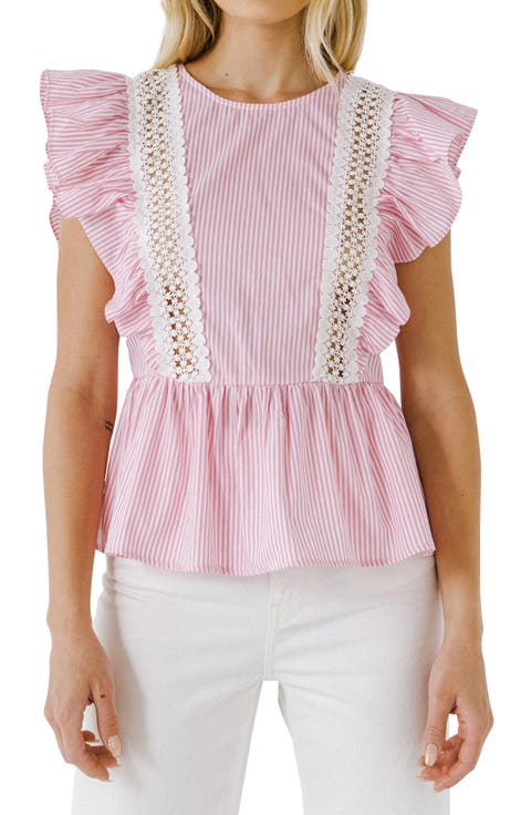 Stripe Ruffle Sleeveless Cotton Blouse
