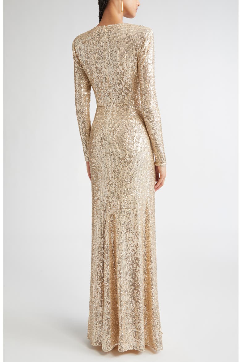 Long Sleeve Sequin Stretch Knit Gown, Alternate, color, ECRU/ GOLD