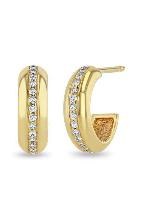 14K Pavé Diamond Huggie Hoop Earrings
