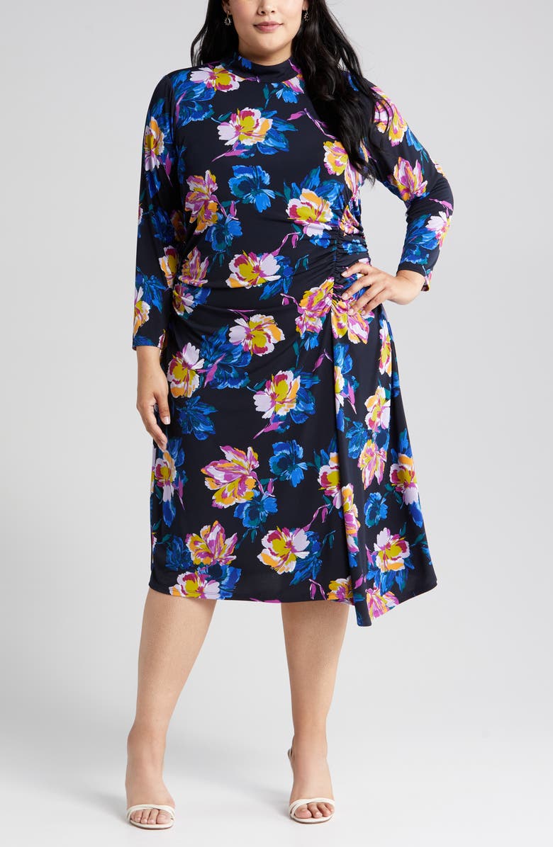 Maggy London Floral Print Ruched Mock Neck Long Sleeve Dress, Alternate, color,