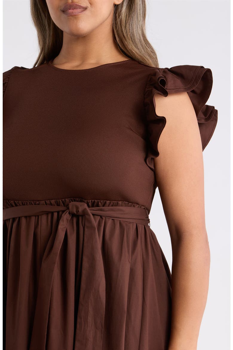 Mixed Media Ruffle Midi Dress, Alternate, color, DARK CHOCOLATE