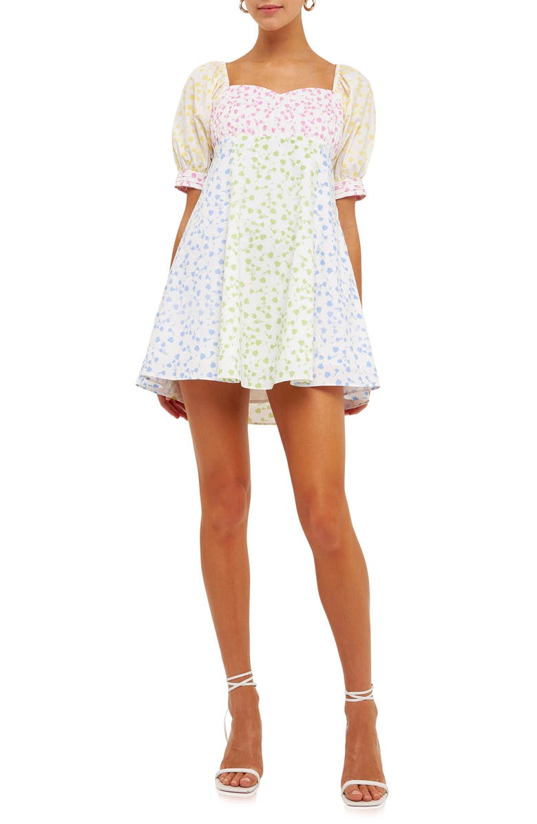 English Factory Floral Puff Sleeve Minidress, Main, color, White Multi