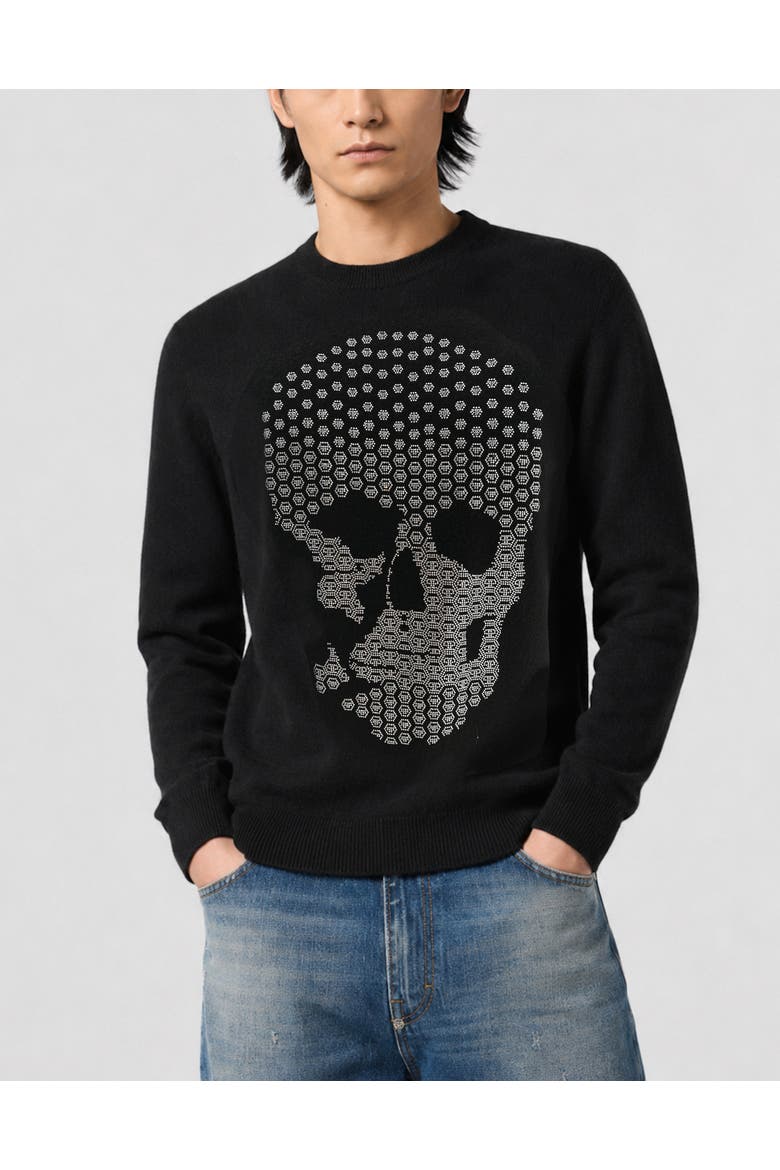 Cashmere Roundneck Pullover Skull Strass Men, Main, color, black