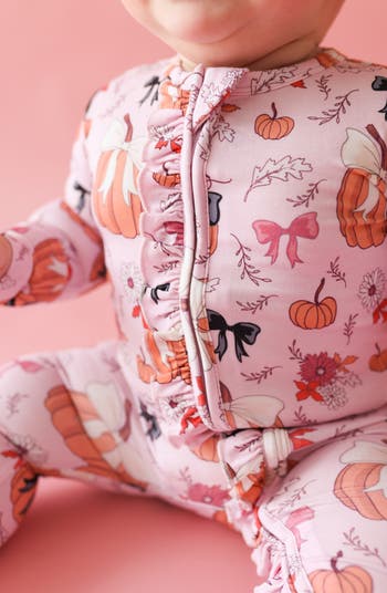Pumpkin Print Ruffle Zip Footie