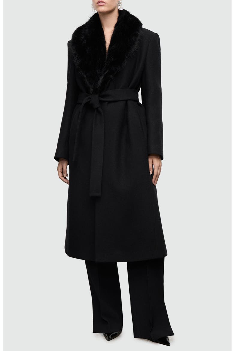 Manteco Belted Longline Trench Coat with Removable Faux Fur Collar, Main, color, BLACK