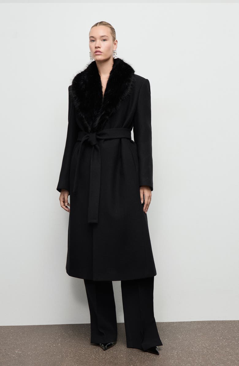 MANGO Manteco Belted Longline Trench Coat with Removable Faux Fur Collar, Alternate, color, Black