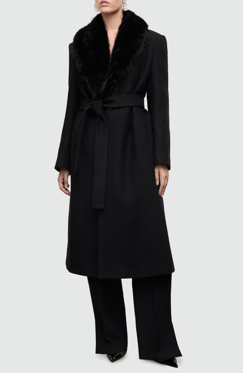 Manteco Belted Longline Trench Coat with Removable Faux Fur Collar