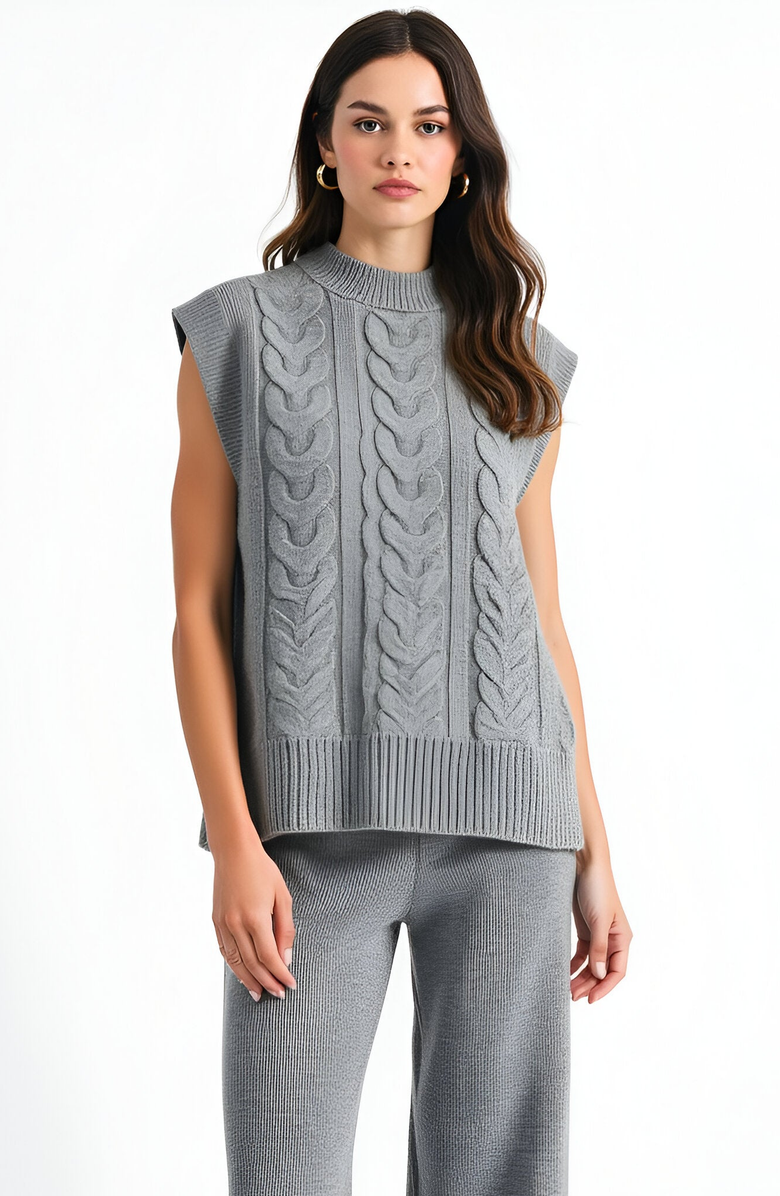 Modenaire Cable Knit Cap Sleeve Sweater Vest and Wide Leg Pants Set, Alternate, color, Grey