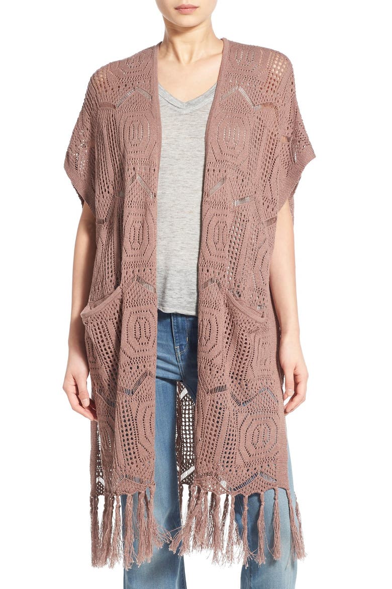 Open Knit Fringe Long Cardigan, Main, color, TAN ANTLER