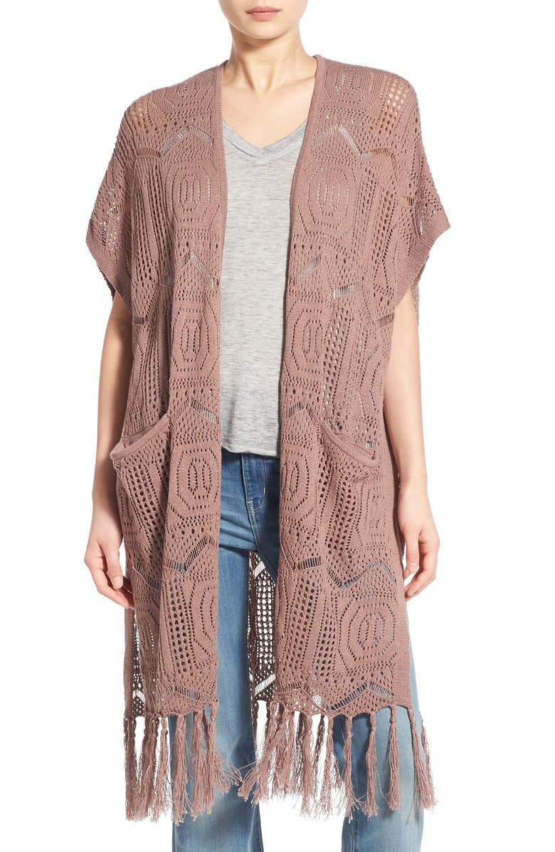 Hinge Open Knit Fringe Long Cardigan, Main, color, 