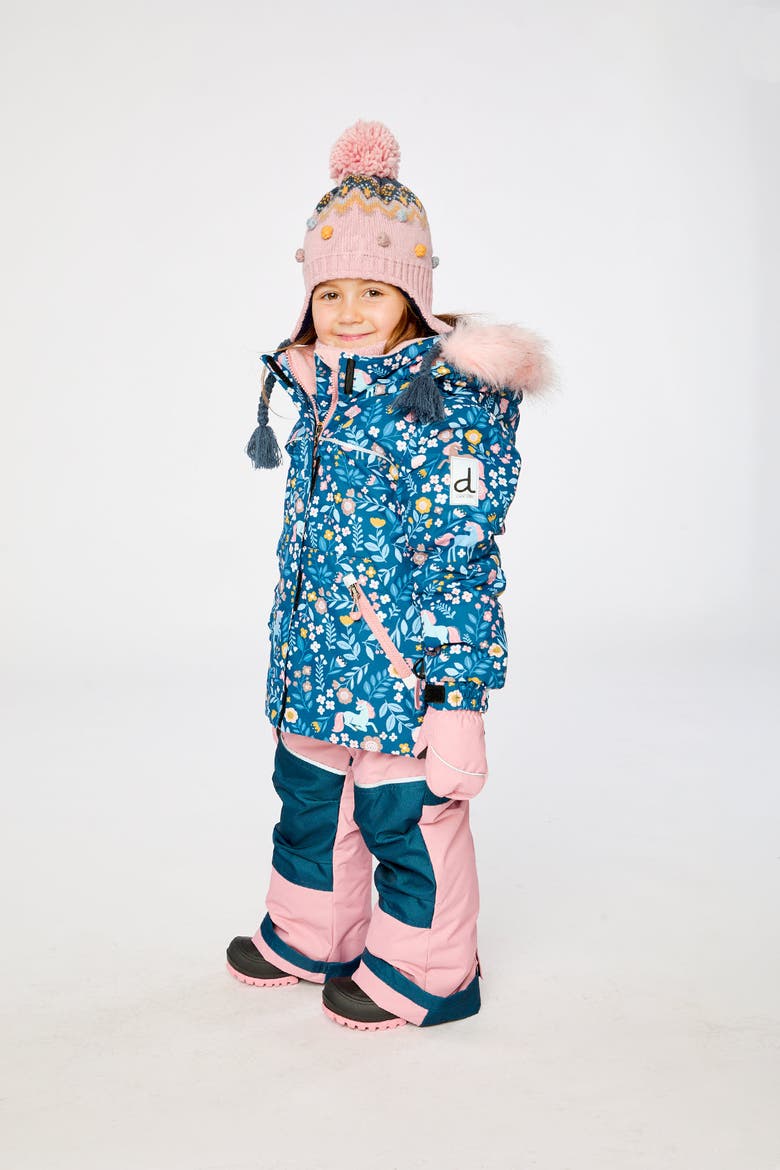 Discover Unicorn Faux Fur Hood Jacket & Suspender Pants Two Piece Snowsuit, Alternate, color, Blue and Pink Unicorn Print