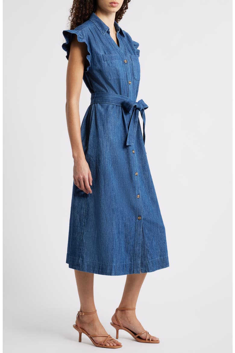 caslon denim dress caslon Twist Front Puff Sleeve Chambray Midi Dress in Medium Wash at Nordstrom, Size Large