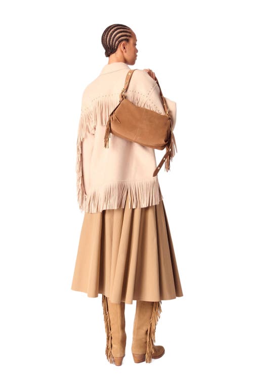 Maje Double-breasted Fringed Coat In Beige