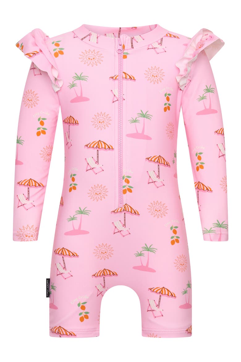 Summer Paradise Ruffle Long Sleeve UPF 50+ One-Piece Rashguard Swimsuit, Main, color, PINK