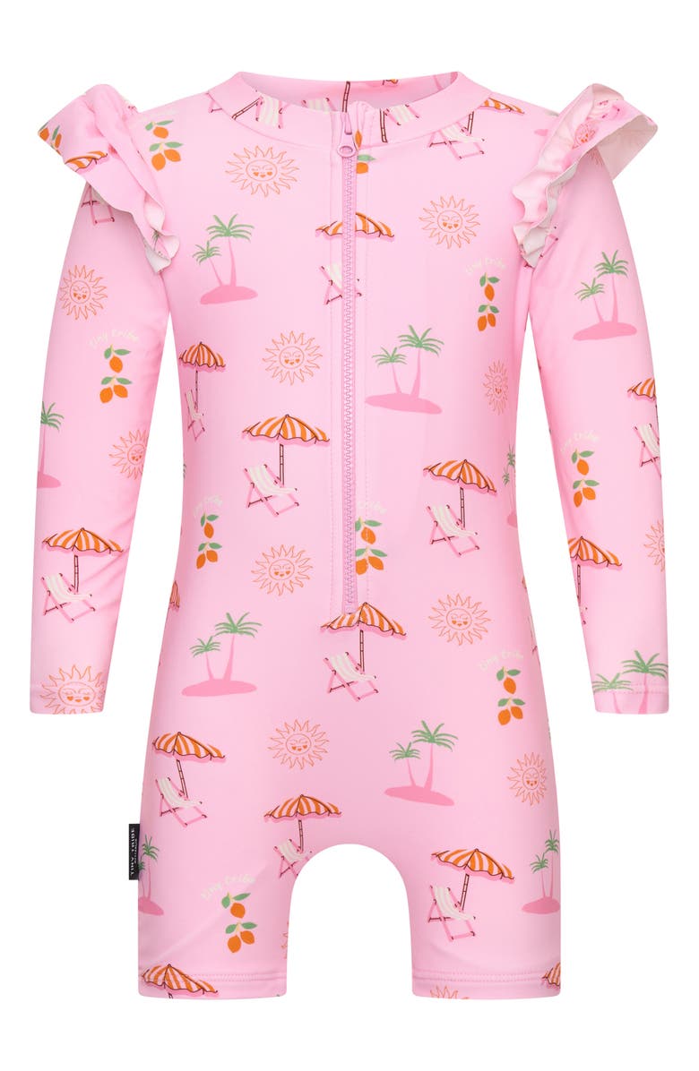 TINY TRIBE Summer Paradise Ruffle Long Sleeve UPF 50+ One-Piece Rashguard Swimsuit, Main, color, Pink
