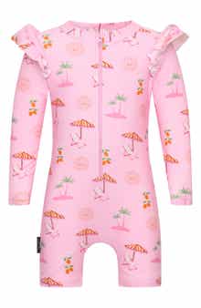 Summer Paradise Ruffle Long Sleeve UPF 50+ One-Piece Rashguard Swimsuit