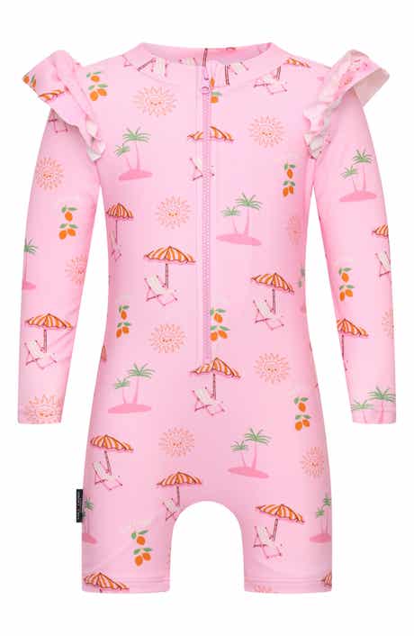 Summer Paradise Ruffle Long Sleeve UPF 50+ One-Piece Rashguard Swimsuit