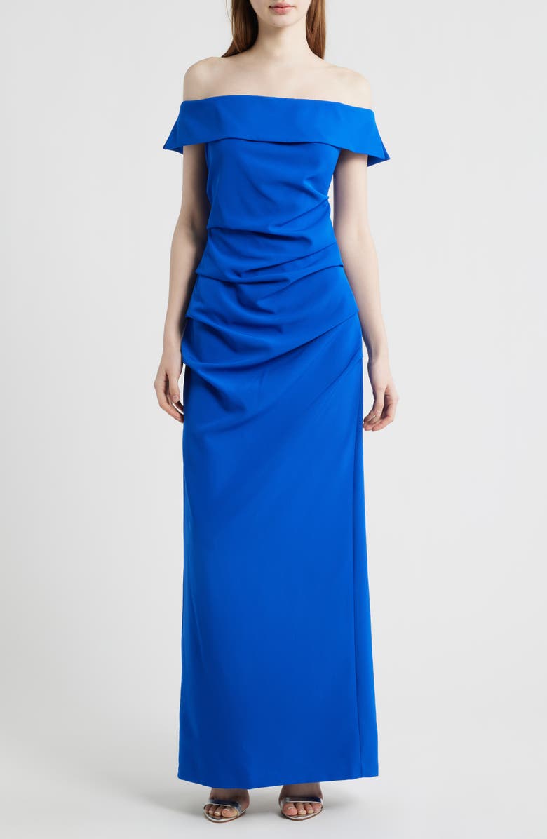 Vince Camuto Laguna Pleated Off the Shoulder Gown, Main, color, Cobalt