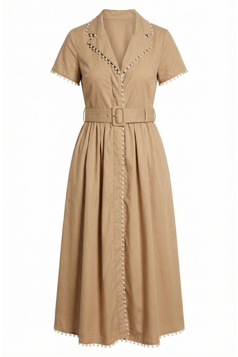 Short Sleeve Collared Midi Dress with Pearl Details and Statement Belt, Alternate, color, Beige