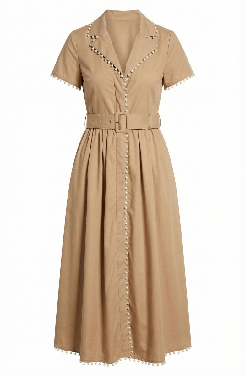 Modenaire Short Sleeve Collared Midi Dress with Pearl Details and Statement Belt, Alternate, color, Beige