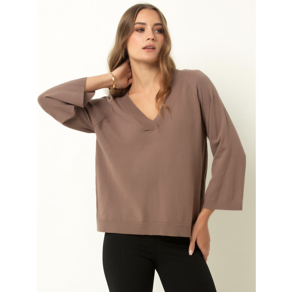Single Stitch Drop Shoulder V-neck Sweater, Deep Taupe, Relaxed Fit Bell Sleeves In Brown