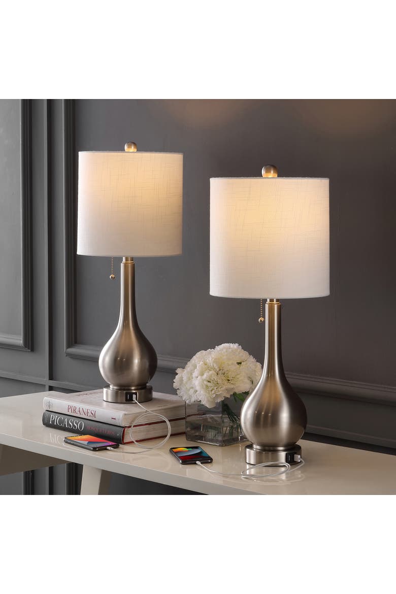Tyler 24" Modern Classic Gourd Iron LED Table Lamp with Pull-Chain with Dual USB Charging Port, Alternate, color, Nickel